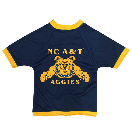 A navy blue North Carolina A&T jersey with a yellow collar and the university's logo on the front.