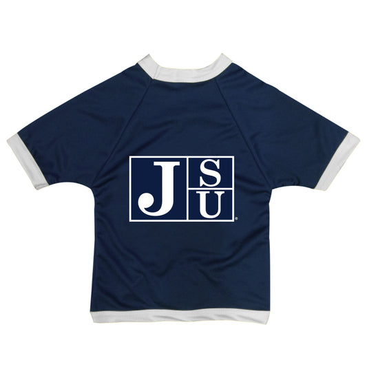 A navy blue  JSU short-sleeved Jackson State jersey with the university's logo on the front.