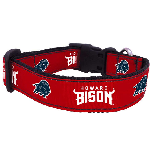 A red and black pet collar with 'Howard Bison' text and graphics.