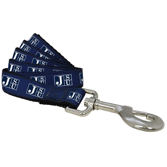 A navy blue JSU pet leash with a metal clasp and white text branding.