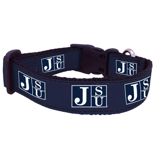 navy pet collar with 'JACKSON STATE' printed in white letters.