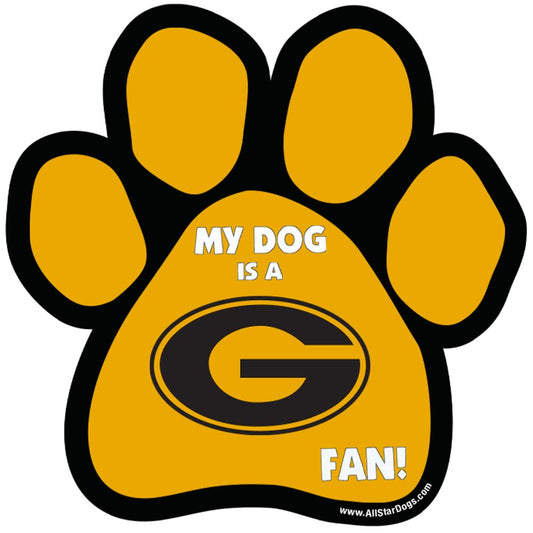 A magnet in the shape of a dog's paw with the Grambling State Tigers logo in the center.
