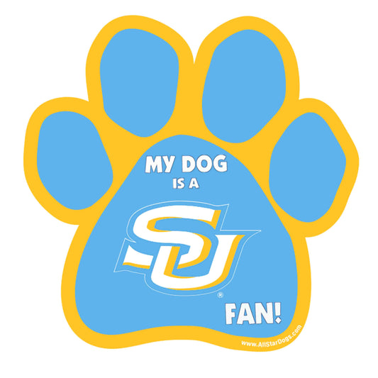 A blue and yellow car magnet in the shape of a paw with the text 'MY DOG IS A FAN!' and the Souther University Jaguars logo.